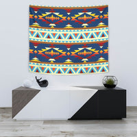 Multicolor geometric tapestry with diamond/triangle motifs on dark blue background