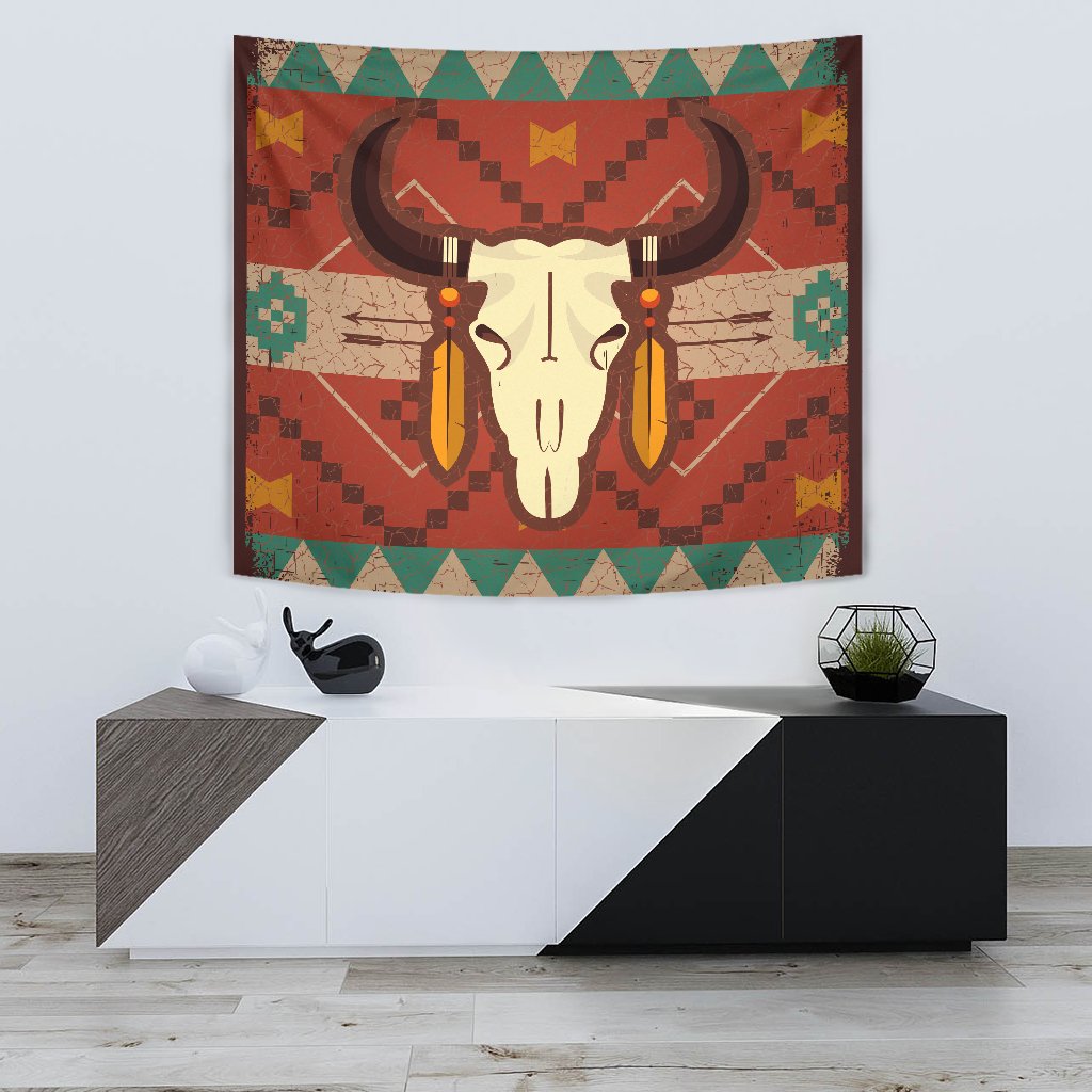 Multicolor Native bison head tapestry with red geometric pattern and green triangle border