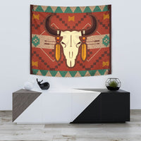 Multicolor Native bison head tapestry with red geometric pattern and green triangle border