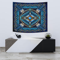 Blue Native American style tapestry with central circular medallion and feather motifs