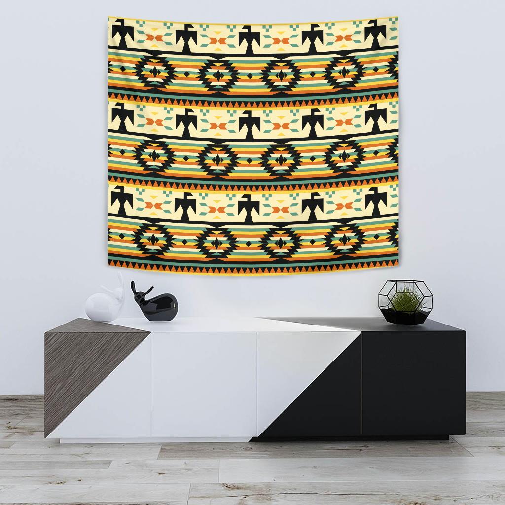 Colorful tribal pattern tapestry with geometric stripes and arrows