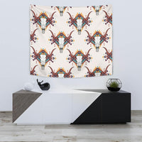 Native American bison skull tapestry, white background with multicolor skull and geometric accents