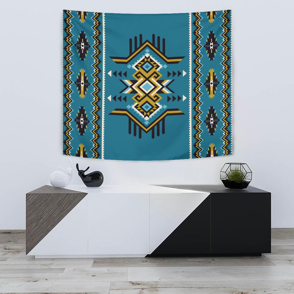Blue geometric Native American tapestry with teal center and multicolor border stripes