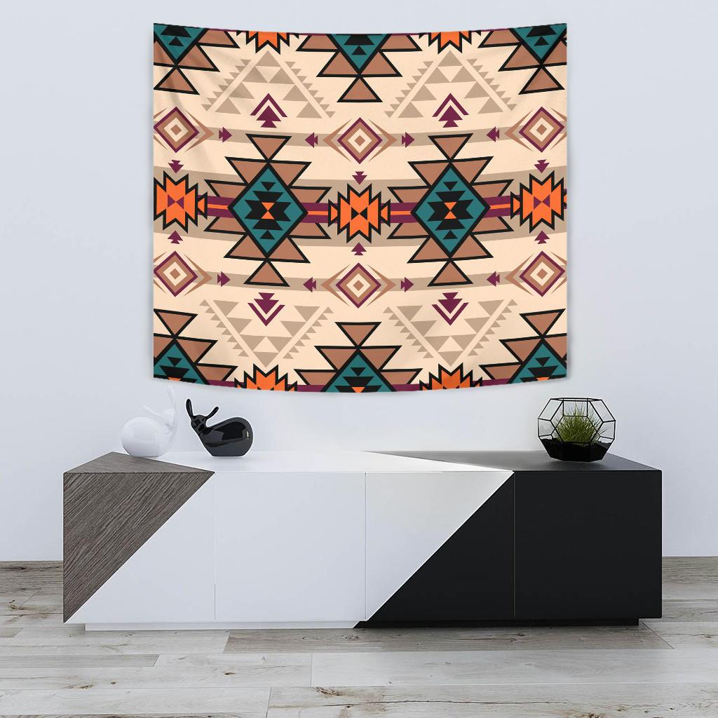 Colorful square tapestry with geometric Native-style symbols in teal, orange, purple, and cream