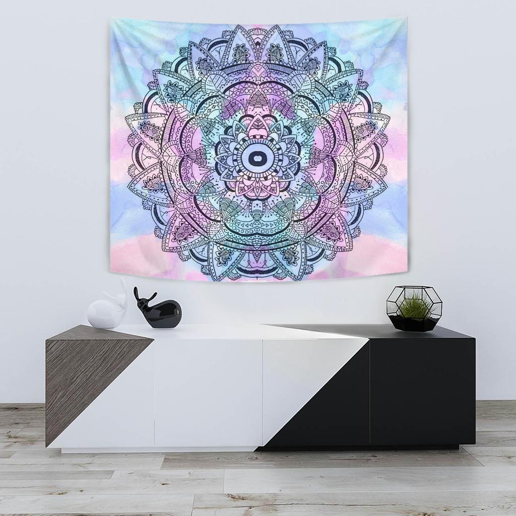 Multicolor mandala tapestry with symmetrical floral circle pattern, Native American style