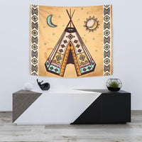 Teepee-themed wall tapestry in beige with moon and sun symbols and black border