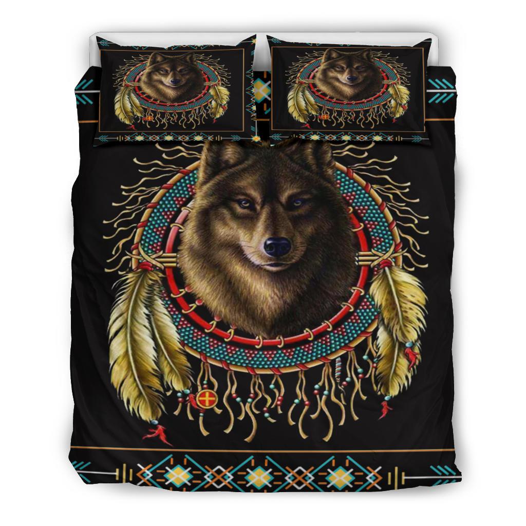 Black bedding set with brown wolf in dreamcatcher circle, gold feathers, and beaded details