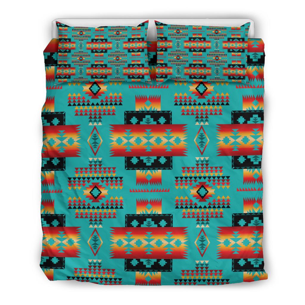 Bedding set with two pillowcases and teal multicolor native pattern, centered design