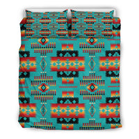 Bedding set with two pillowcases and teal multicolor native pattern, centered design
