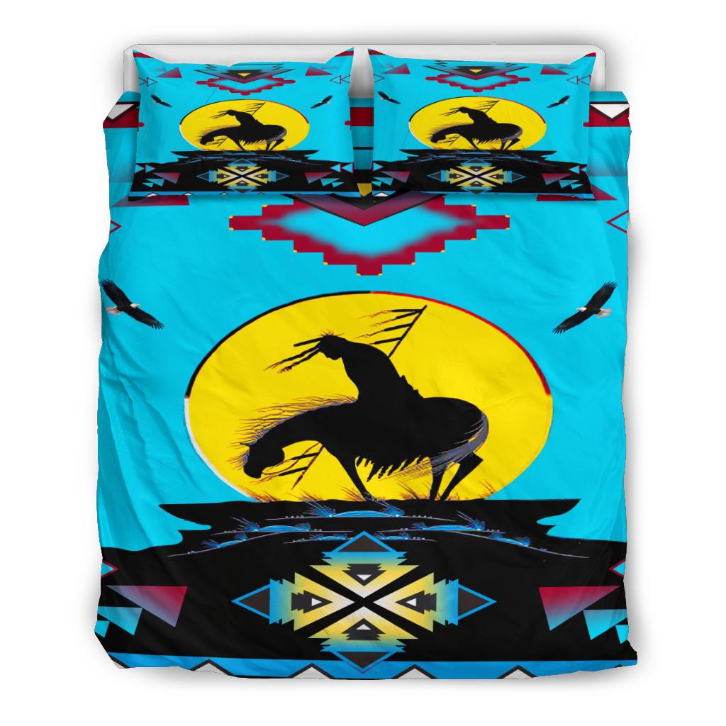 Turquoise bedding set with black horse silhouette, yellow sun emblem, dark geometric bottom border