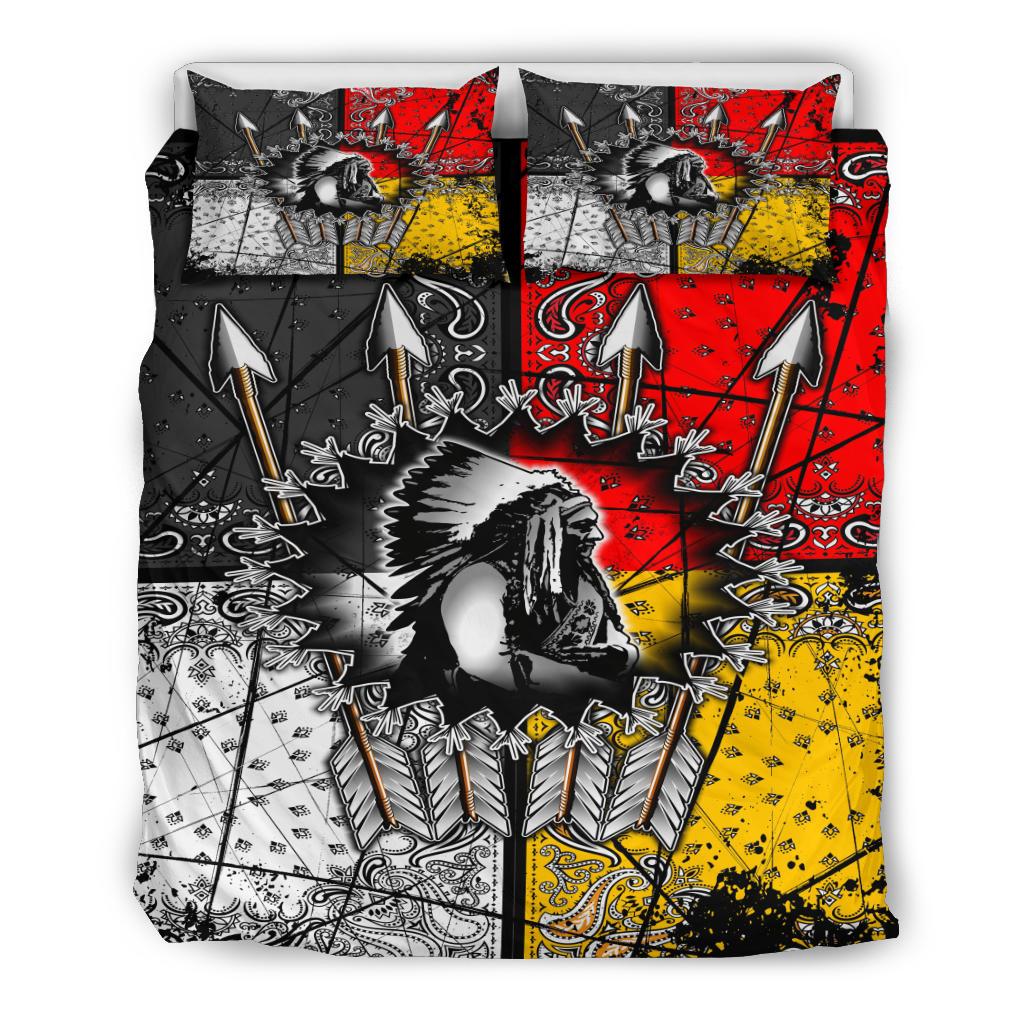 Chief Arrow bedding set, multicolor black red yellow; bold arrow-and-chief graphic