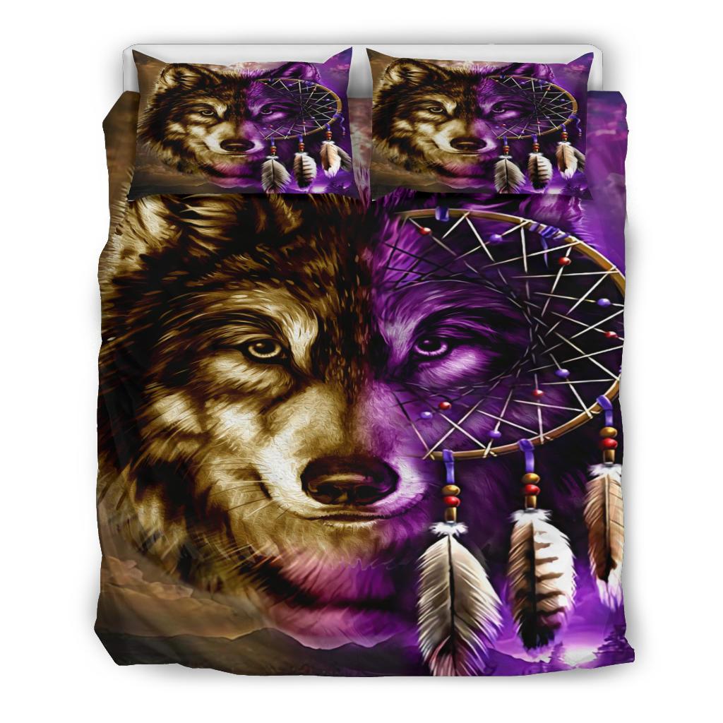 Duvet with purple wolf dreamcatcher artwork and two coordinating square pillows