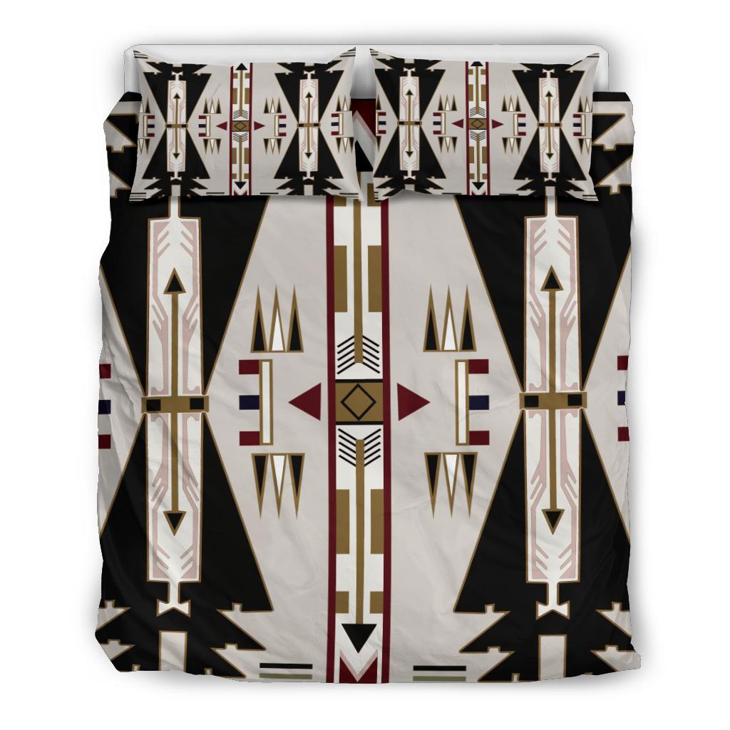Native American bedding set, full design: black and white geometric figures with red gold accents
