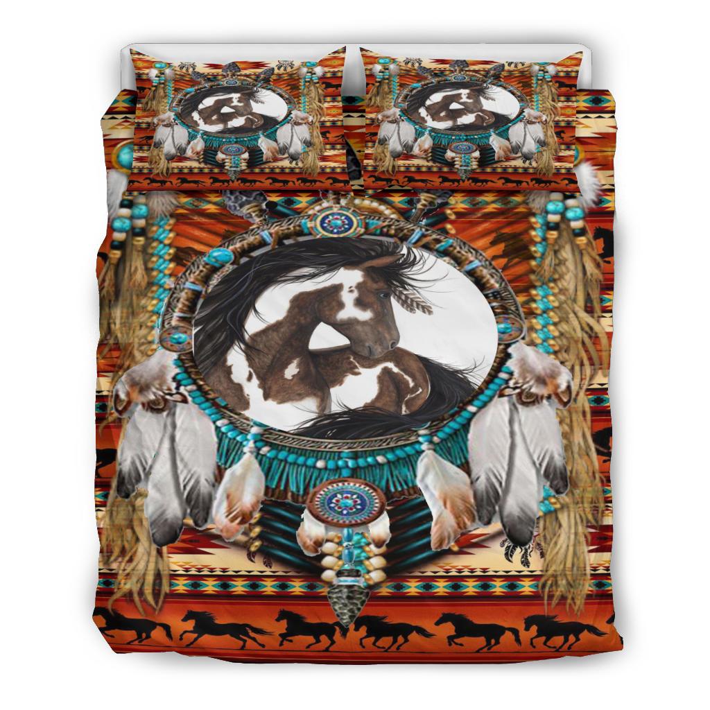 Dreamcatcher horse comforter set showing two pillowcases and large circular horse portrait graphic