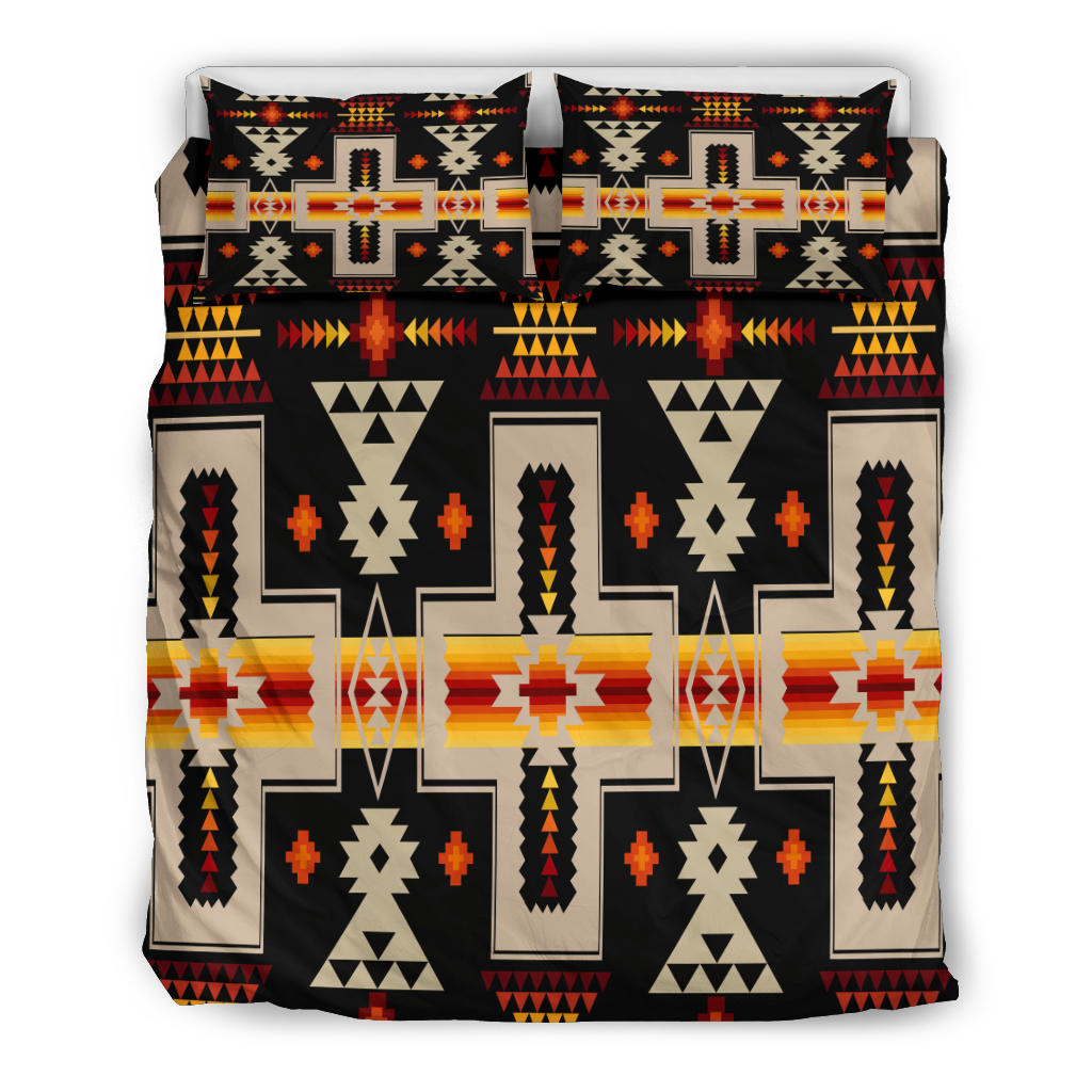 Black Tribe Design bedding set, multicolor Native-style cross and zigzag pattern