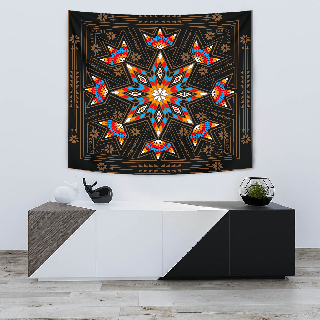 Black tapestry featuring multicolor geometric starburst and repeating border motifs