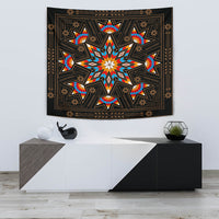 Black tapestry featuring multicolor geometric starburst and repeating border motifs