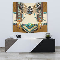 Tapestry breastplate design with central oval turquoise medallion and winged motifs
