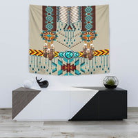 Turquoise blue patterned tapestry, beaded necklace design with teal stones and pendants