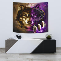 Wolf and dreamcatcher wall tapestry with purple circle web and multicolor feather drops