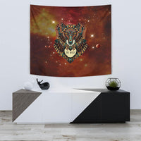 Wolf head tapestry in multicolor with glowing star motifs and ornate border shapes.