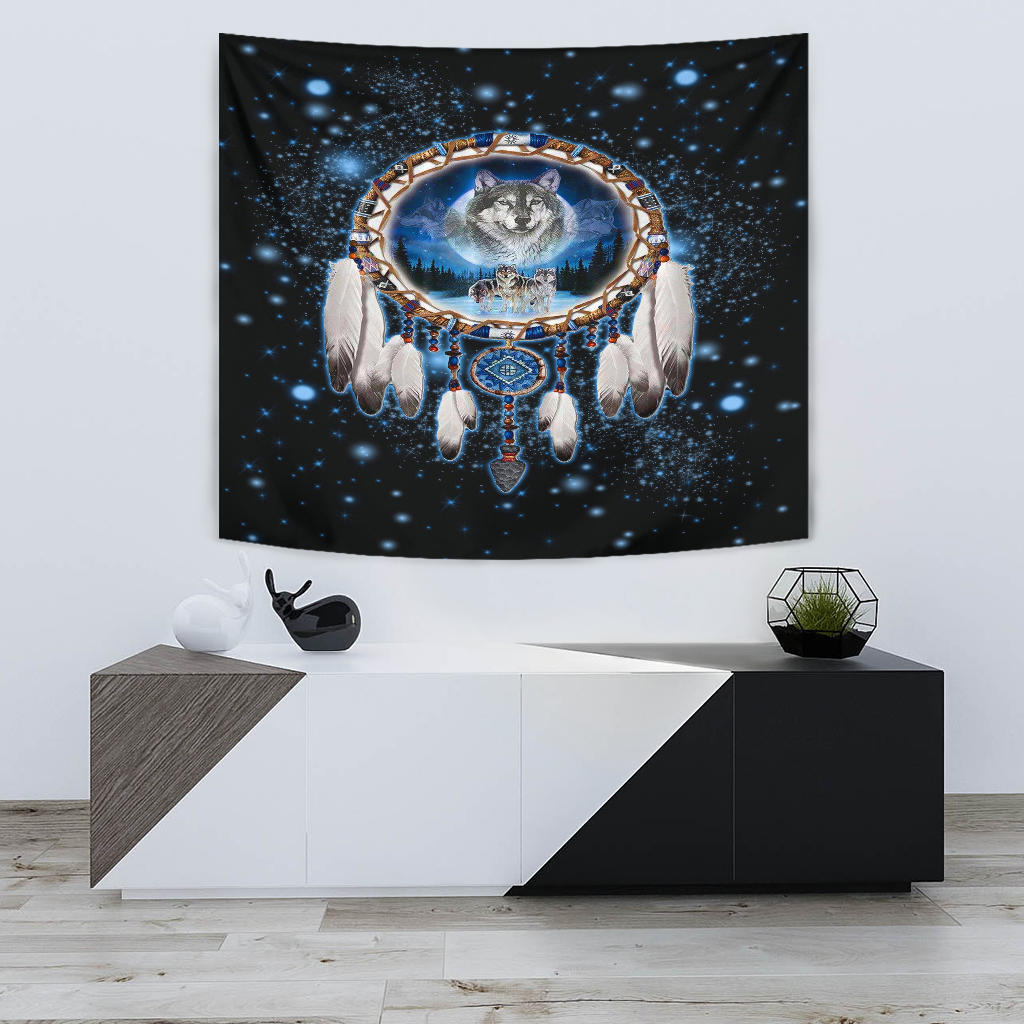 Wolf dreamcatcher tapestry, blue starry background, beaded center and long white feathers