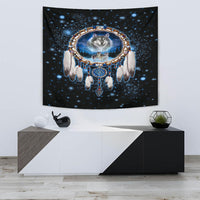 Wolf dreamcatcher tapestry, blue starry background, beaded center and long white feathers
