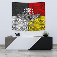 Square wall tapestry featuring a chief portrait with feathered headdress in red and yellow