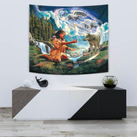 Multicolor tapestry showing Native woman with medicine wheel and surrounding wolves