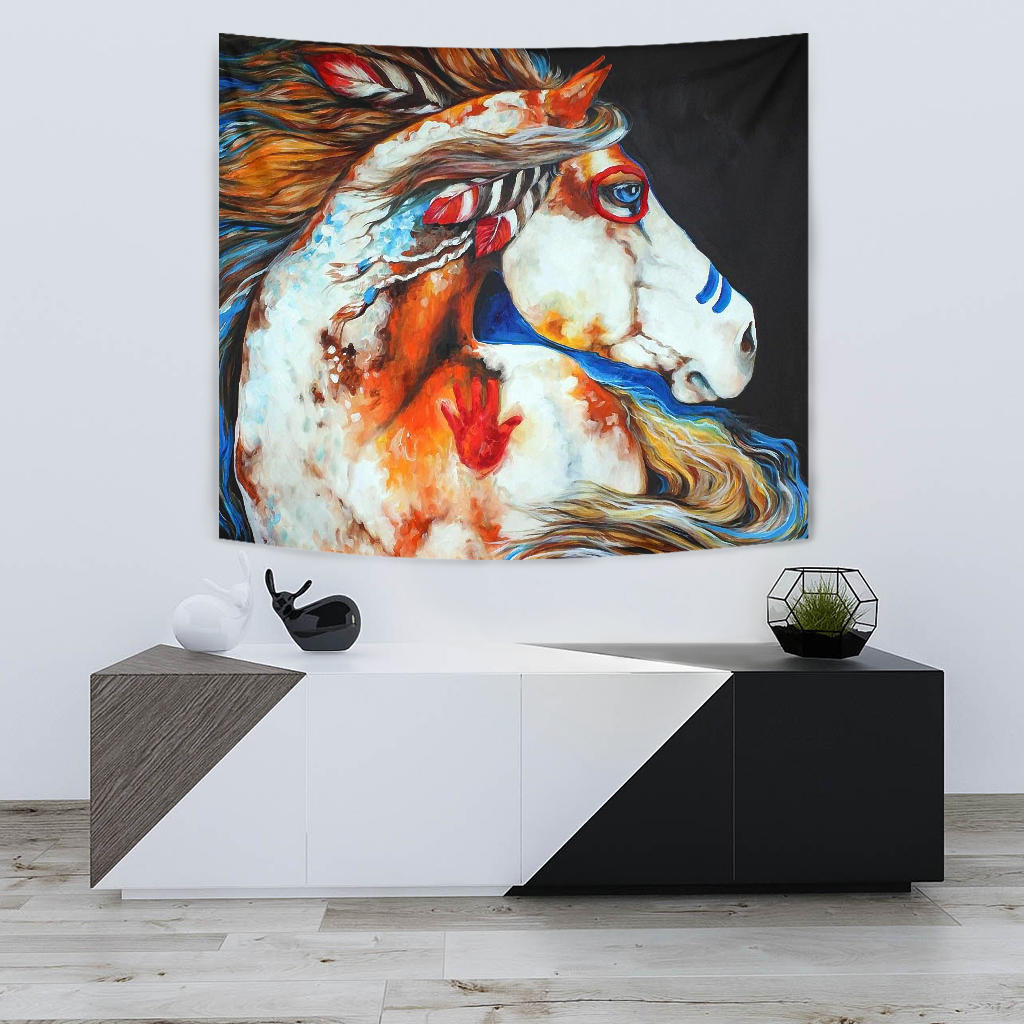 Horse tapestry artwork showing full head and neck in multicolor brushstrokes