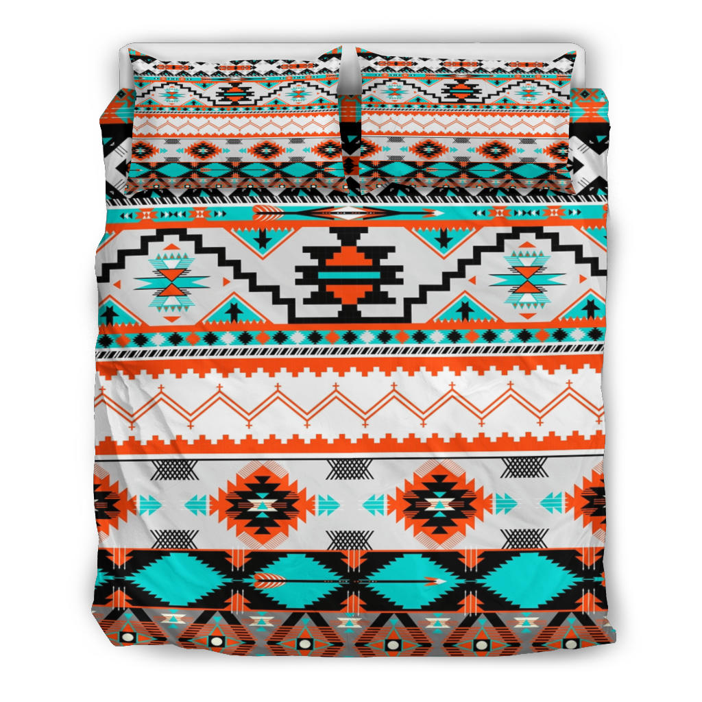 Multicolor Native geometric comforter set with two pillows folded at the top