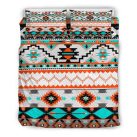 Multicolor Native geometric comforter set with two pillows folded at the top
