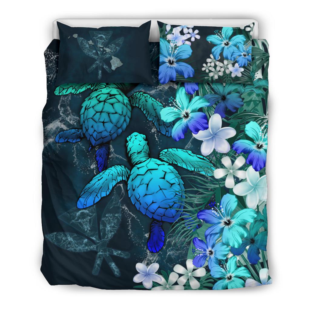 Bedding set with teal sea turtles and blue hibiscus/plumeria flowers on dark base, 2 pillows