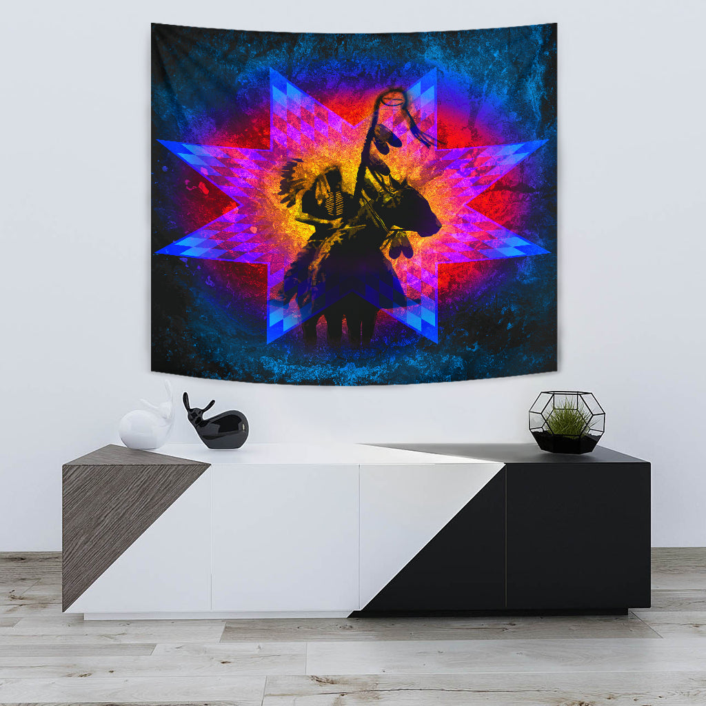 Chief tapestry wall hanging with bold neon starburst and multicolor figure