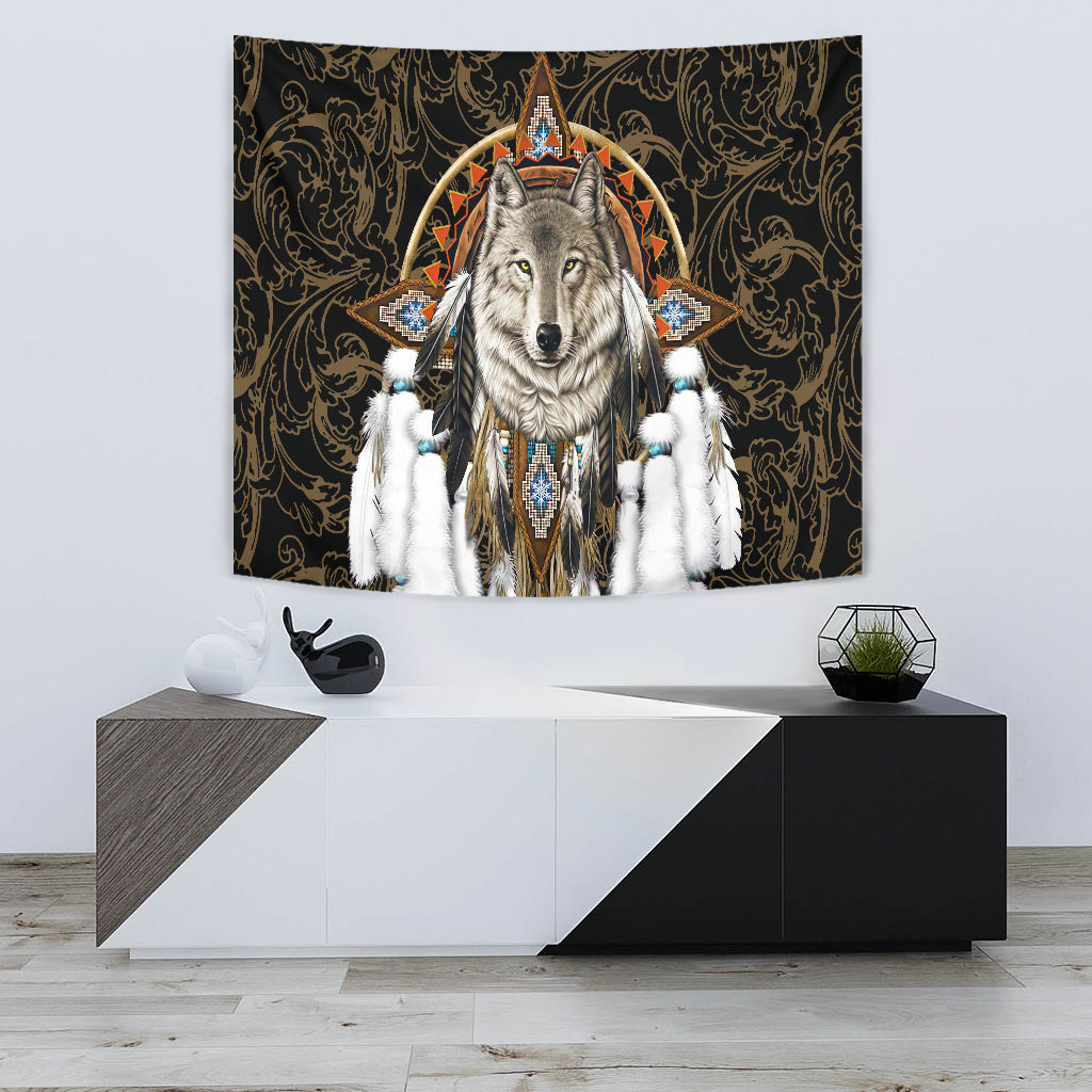Centered wolf dreamcatcher tapestry: gray wolf face, colorful stars, feather fringe