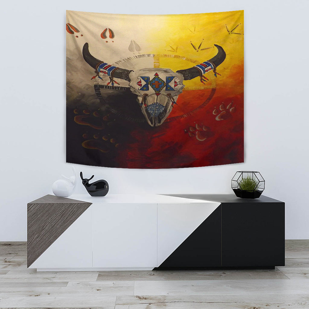 Hanging bison medicine tapestry showing symmetrical horns, bison skull, and multicolor symbols