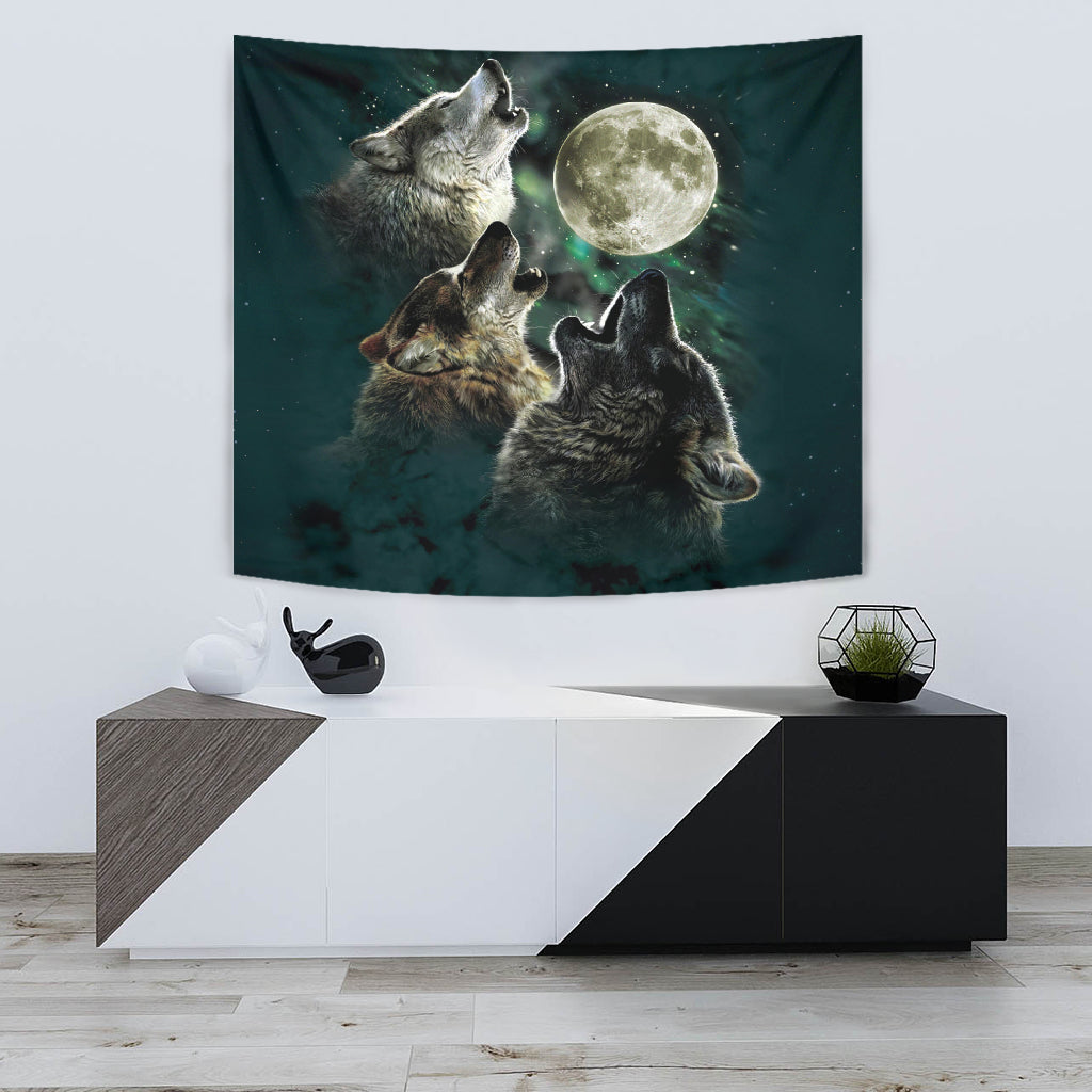 Howling wolves under full moon tapestry, dark green sky with gray and brown wolf figures