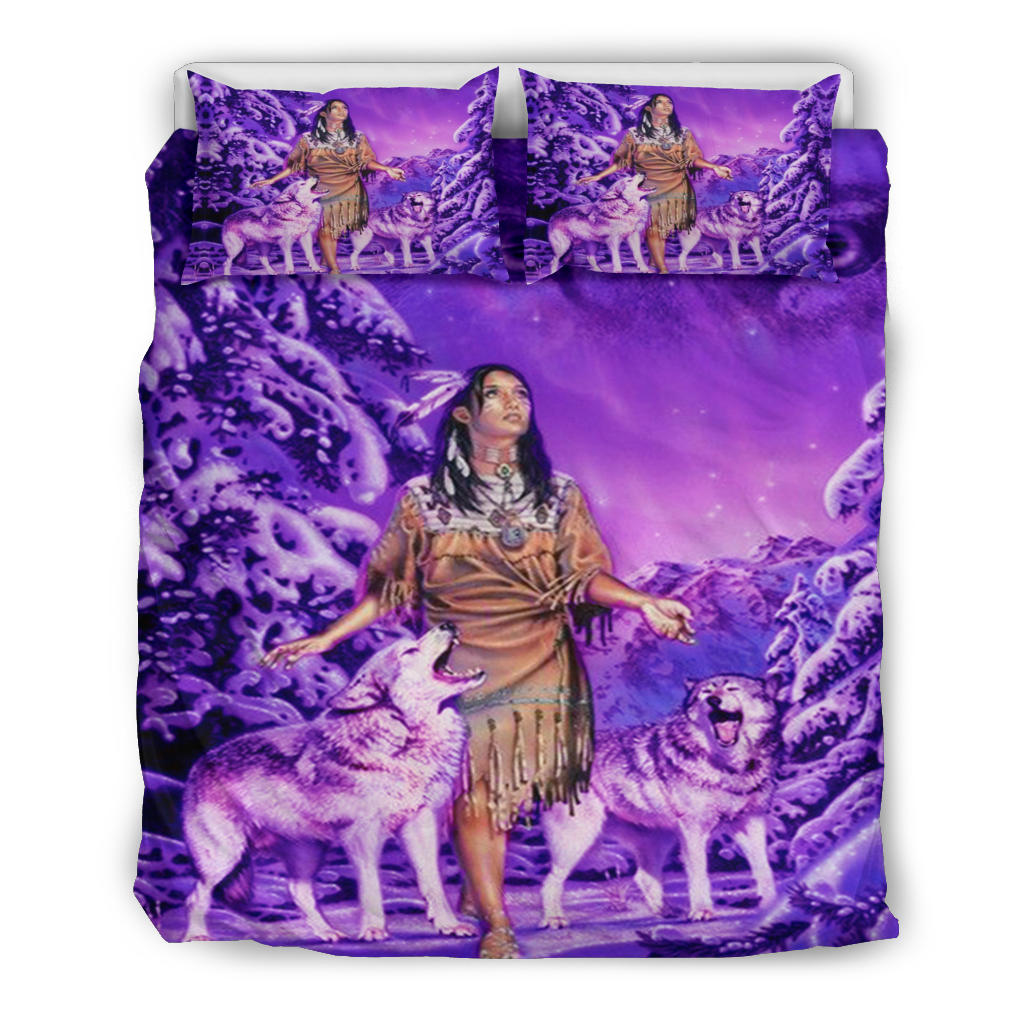 Purple bedding set front view: Native girl with wolves, two decorative pillowcases