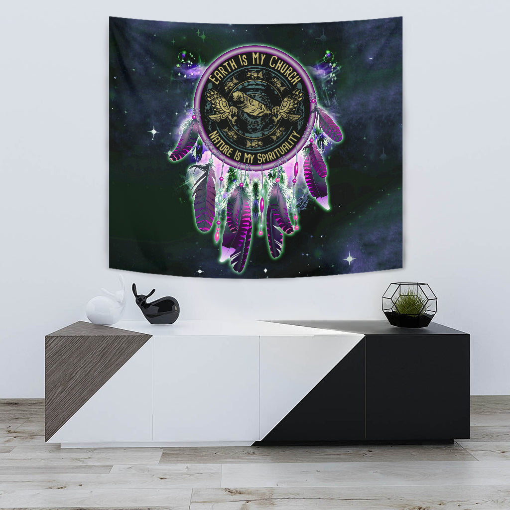 Eagle dream catcher tapestry, centered circular emblem with rainbow feathers