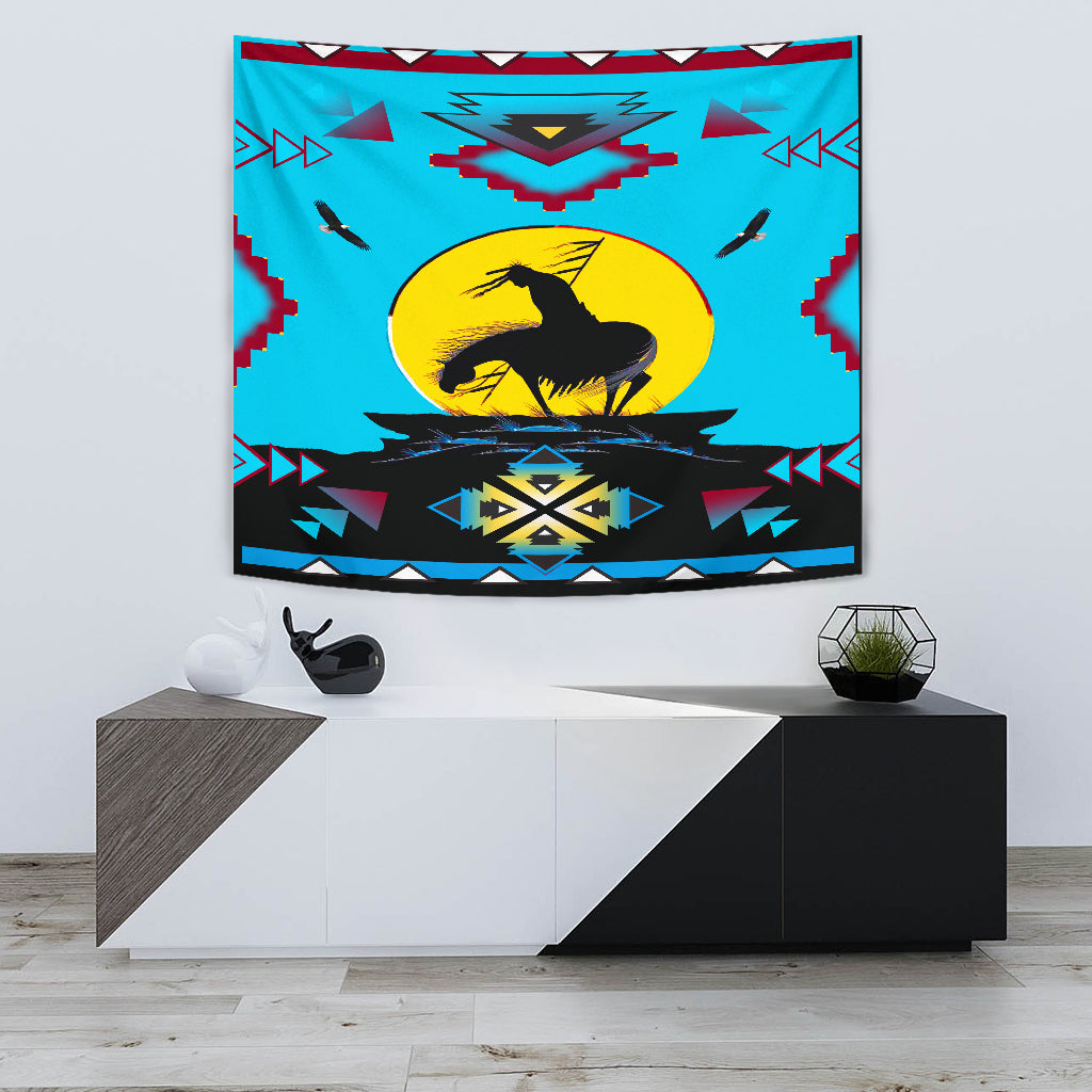 Turquoise tapestry showing black horse under yellow circle, red-and-blue tribal frame