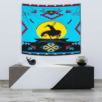 Turquoise tapestry showing black horse under yellow circle, red-and-blue tribal frame