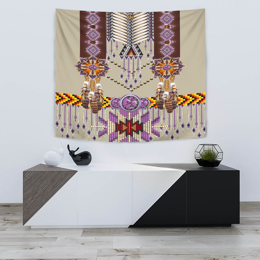 Tapestry wall hanging, purple geometric border, silver bead fringe, central chest motif
