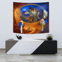 Wolf dreamcatcher tapestry: circular hoop, two wolves’ faces, hanging multicolor feather tassels