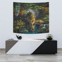 Tapestry with a wolf and mirrored reflection in a winding river among trees