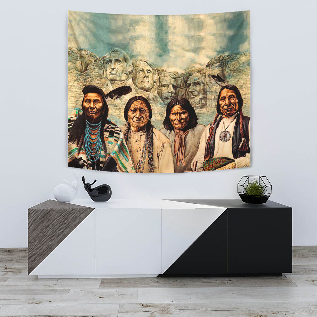Native American tapestry portrait scene with multiple faces, layered multicolor artwork