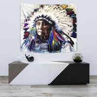 Native chief tapestry featuring multicolor headdress and face portrait, high-contrast print