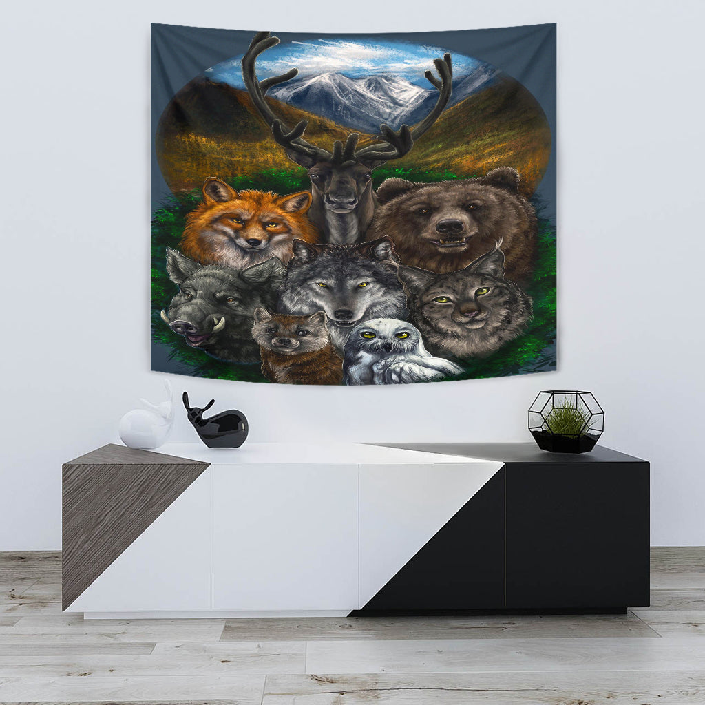 Native animal tapestry with wolves and bear, deer antlers, multicolor