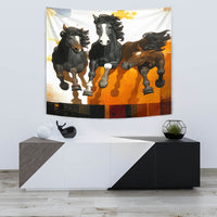 Three running horses tapestry with orange splash and black/tan details