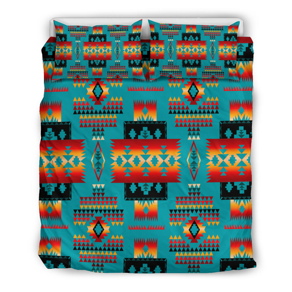 Native Tribes bedding set, multicolor geometric pattern on blue background with bold shapes