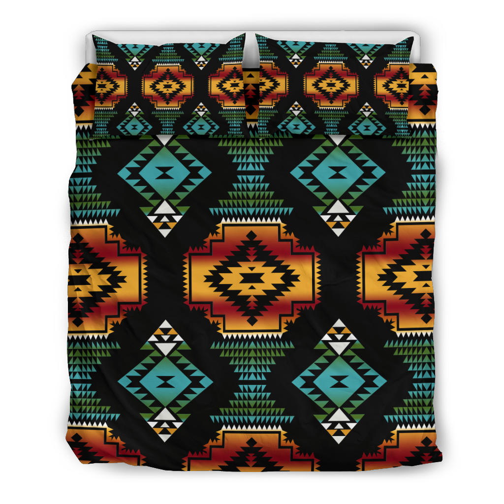 Native-style geometric bedding set, black with teal, green, red, orange, and yellow blocks